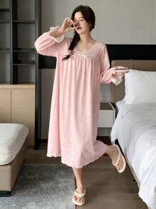 DAZY Lace Trimmed Butterfly Embellished Floral Nightgown With Ruffle Sleeves Pajama - Pink - View 4