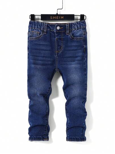 SHEIN 1 pieza Pantalones vaqueros skinny de niño pequeño de lavado oscuro con diseño cómodo y refrescante, elástico, para uso diario y ropa de vuelta al colegio