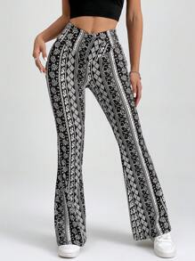 SHEIN PETITE Allover Print Slim Fit Knitted Flared Summer Beach Women Hippie Pants - Black - View 6