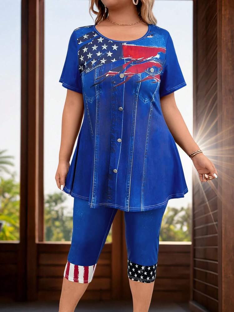 Plus Size Flag Printed Short-Sleeved T-Shirt And Shorts Set