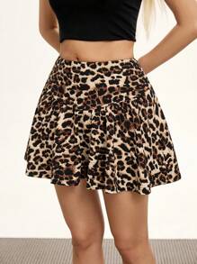 SHEIN EZwear Rozkloszowana spódnica w panterkę na lato - Brązowy - Zobacz 5