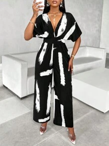 SOLERSUN 隨機印花休閒夏季連身褲，蝙蝠袖和腰帶 - 黑色 - 查看 6