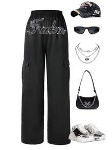 SHEIN Explorewe 少女款休閒鬆身鑲鑽迷彩褲 - 黑色 - 查看 4