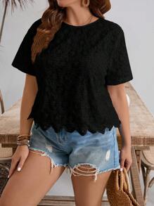SHEIN Frenchy Plus Size Solid Color Eyelet Embroidery Round Neck Short Sleeve Summer Vacation Shirt - Black - View 2