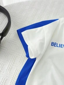 SHEIN 2 chiếc bé trai thể thao thông thường phong cách đường phố đi nghỉ mát in hình tiếng Anh áo thun ngắn tay cổ tròn thả dáng rộng rãi (1 xanh + 1 trắng), thích hợp mặc hàng ngày, đi học, du lịch, thể thao, Xuân/Hè - Màu xanh lam - Xem 6