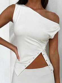 SHEIN EZwear Camiseta de talla grande de mujer con cuello redondo, manga cap y botones en unicolor con dobladillo dividido, para verano