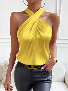 Chiquease Solid Criss Cross Halter Satin Blouse - Yellow - View 4