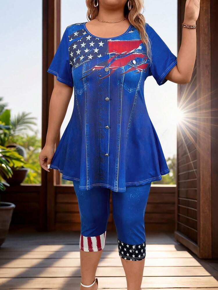 Plus Size Flag Printed Short-Sleeved T-Shirt And Shorts Set