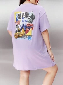 FRIENDS X SHEIN 大码经典宽松针织肖像印花紫色落肩 T 恤连衣裙 - 紫色 - 查看 3