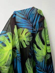 SHEIN Swim Curve Plus Size Tropical Printed Beach Cover-Up Kimono, Summer - Green - View 7