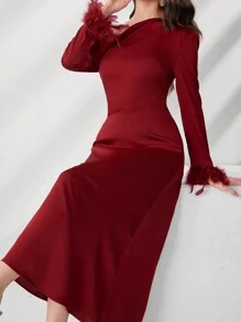 Modelyn 勃艮第红色不对称领口撞色蓬松袖口连衣裙长款晚礼服 - 酒紅色 - 查看 4