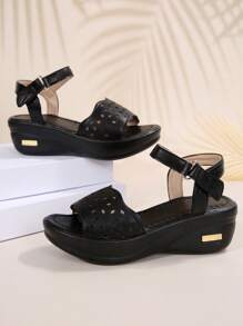 女款夏季新款時尚楔型涼鞋，開放式前端厚底羅馬鞋，輕巧多用 - 黑色 - 查看 8