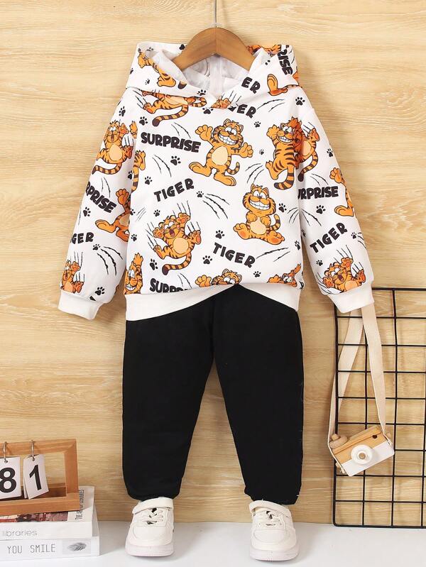 Moletom com capuz solto estampado com gato e letras para menino, macio e confortável, fácil de combinar, adequado para uso diário e brincadeiras
