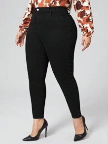 SHEIN CURVE+ Cộng với quần jean skinny lưng cao - màu đen - Xem 3
