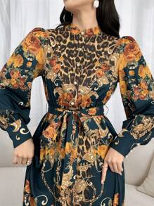 Modelyn Leopard & Baroque Print Lantern Sleeve Belted Dress For Spring & Summer