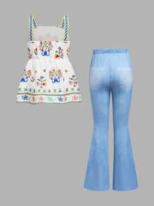 SHEIN Conjunto de blusa de férias com estampa floral feminina Tween e calça flare com estampa de laço