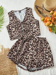 SHEIN VCAY Bộ áo ba lỗ và quần short cạp cao dệt kim thường ngày dành cho nữ, 2 chiếc - màu nâu - Xem 1