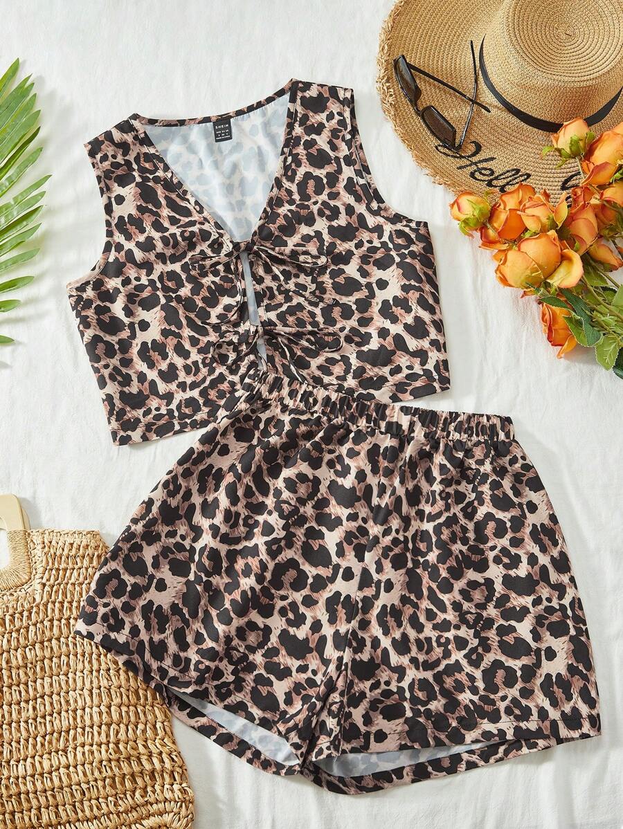 SHEIN VCAY Bộ áo ba lỗ và quần short cạp cao dệt kim thường ngày dành cho nữ, 2 chiếc - màu nâu - Xem 1