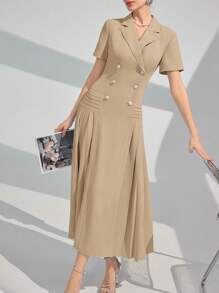 Modelyn Lapel Collar Double Breasted Pleated Hem Arabian Dress Long Evening Dresses