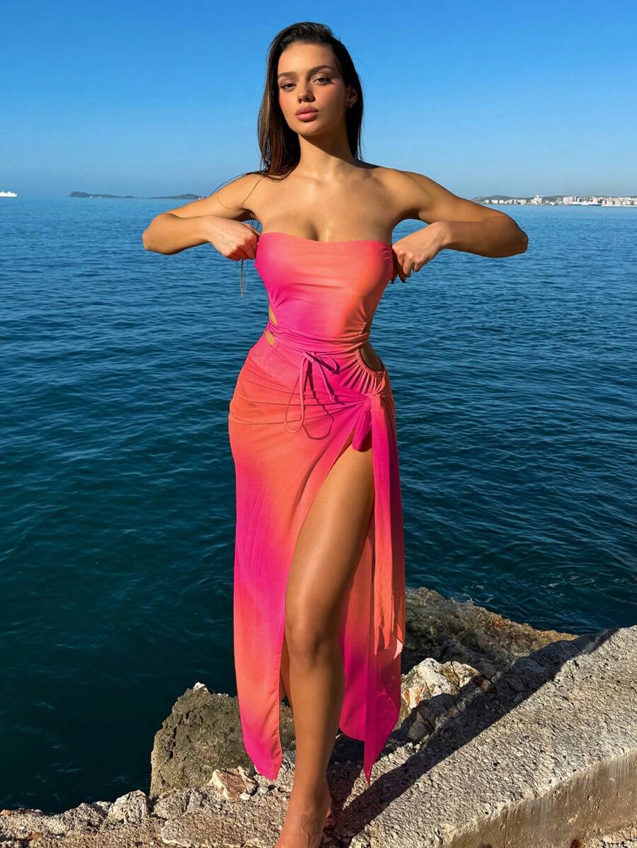 Swim Vcay Women's One-Piece 2pcs Random Printed Swimsuit With Strapless Backless Tie-Up Skirt And Front Slit Summer - Multicolor - View 1