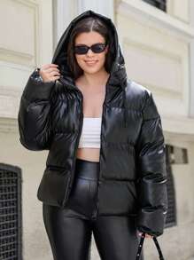 RueChic Plus Women's Drop Shoulder Zip Up Hooded PU Puffer Coat - Black - View 5
