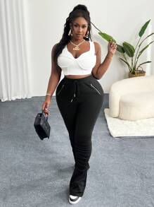 Slaydiva Plus Size Street & Casual Style Black Solid Color Decorative Zipper Joggers For Women, Ankle Length, Autumn/Winter