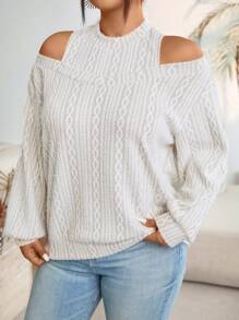 Calvaya Plus Size Nữ Hình Học Sọc Đậm Hở Vai Dài Tay Dáng Rộng, Mùa Xuân/Hè - Màu be - Xem 4