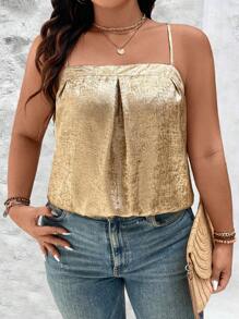 SHEIN Unity Plus Size Women Woven Elegant Shiny Loose Metallic Spaghetti Strap Pleated Camisole For New Year Holiday Party Clothes - Gold - View 7