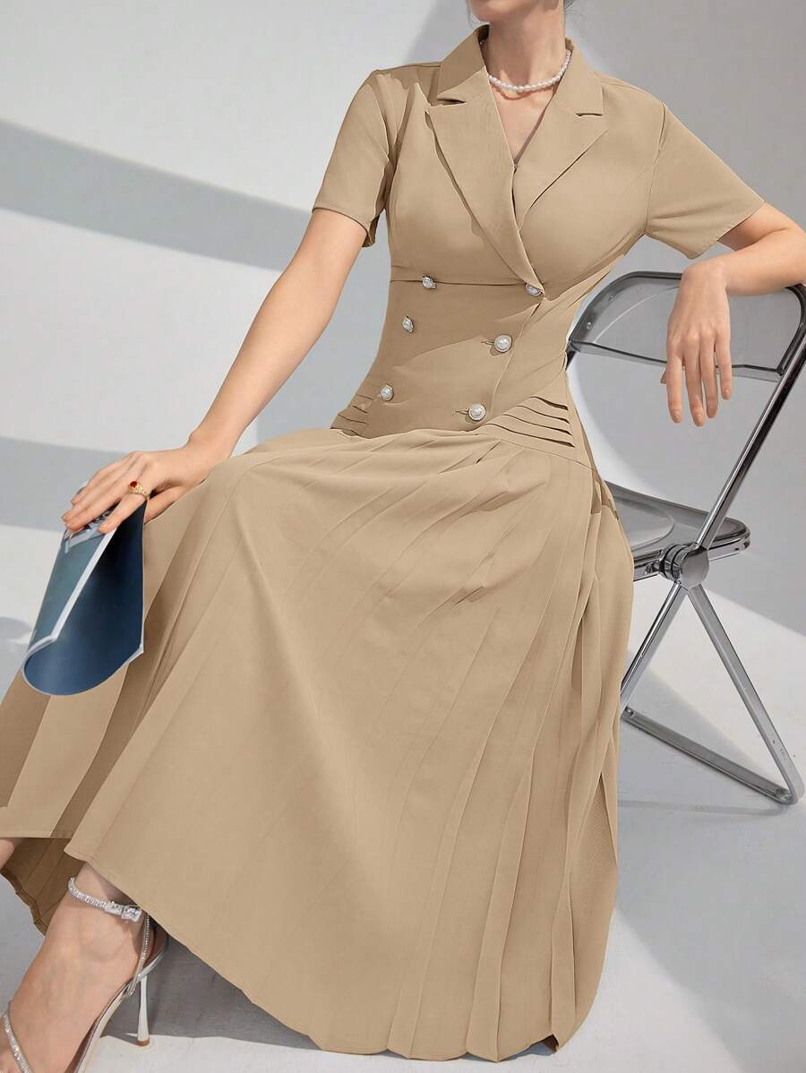 Modelyn Lapel Collar Double Breasted Pleated Hem Arabian Dress Long Evening Dresses