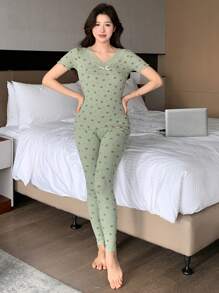 DAZY Lace Patchwork Ditsy Floral Ruffle Trim Short Sleeve Long Pants Pajama Set - Green - View 6