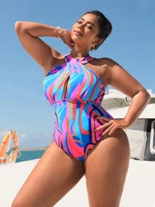 SHEIN Swim Curve Plus Size Women Allover Print One-Piece Curve Swimsuit Swimwear, Perfect For Summer Vacation - Multicolor - View 7