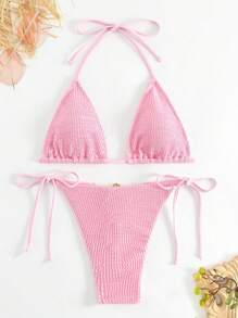 SHEIN Swim Summer Beach Halter Triangle Tie Side Bikini Set - Pink - View 2