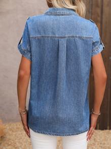 SHEIN LUNE 女款純色短袖牛仔襯衫上衣，附口袋，適用於夏季 - 藍色 - 查看 2