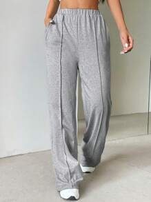 SHEIN Unity Casual Solid Slant Pocket Wide Leg Pants - Grey - View 2