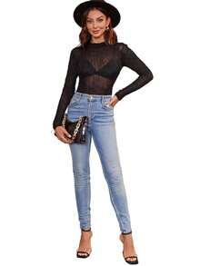 Black Sheer Mesh Wave Printed Long Sleeve Bodysuit - Black - View 5