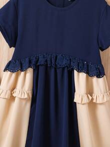SHEIN Young Girl's Loose Fit Color-Blocking Round Neck Casual Dress With Ruffle Trim, Knitting - Navy Blue - View 3
