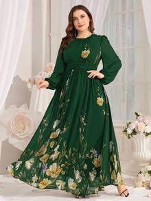 Plus Size Floral Print Lantern Sleeve Dress, Spring/Summer - Dark Green - View 5