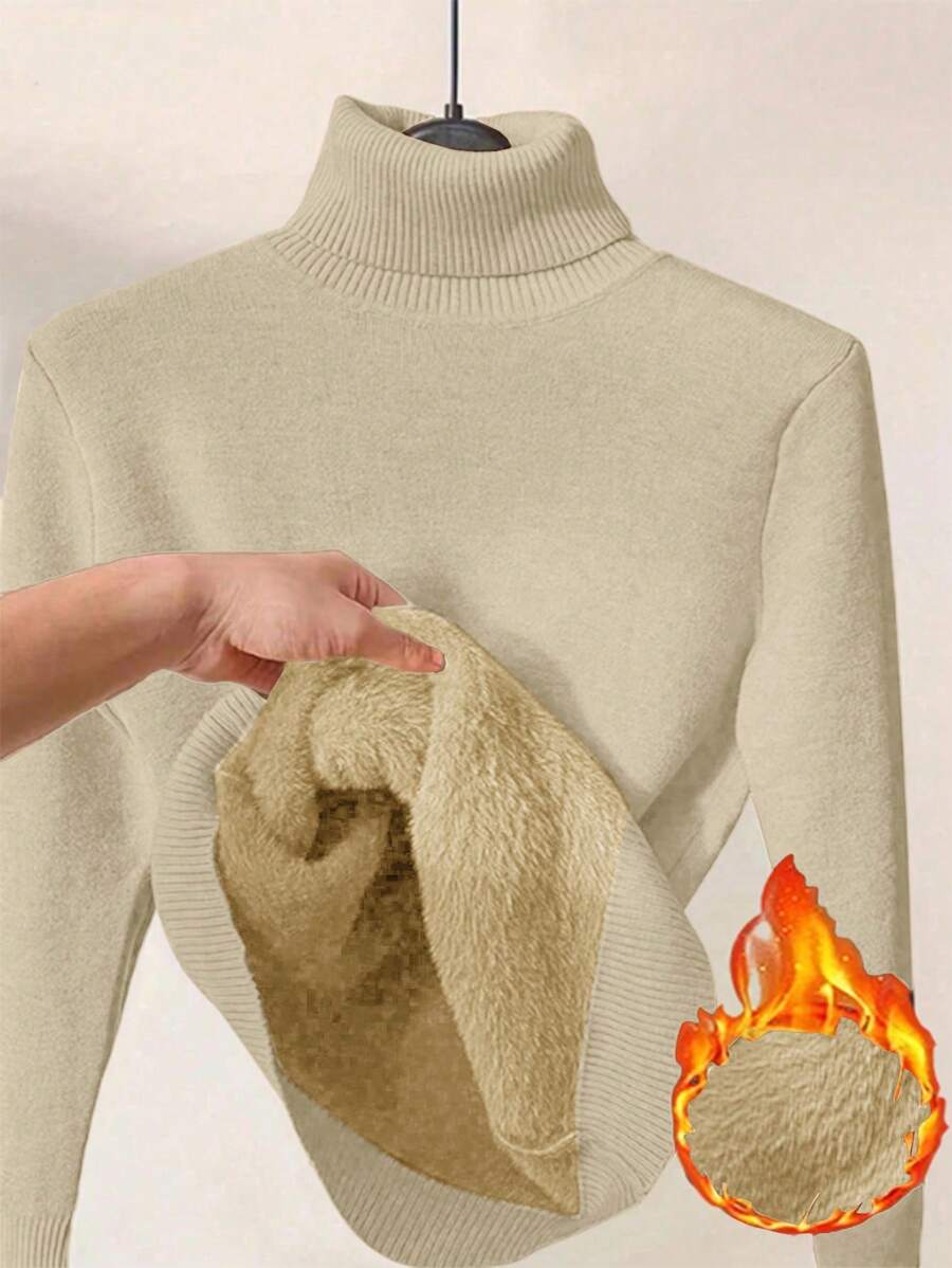 Franclia 高领加厚内衬修身保暖羊绒衫，秋冬新品，针织套头衫 - 卡其色 - 查看 1