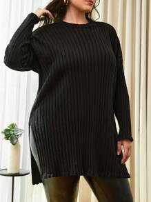 EURMUSE Plus Size Asymmetrical High-Low Split Hem Sweater - Black - View 5