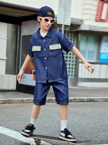 SHEIN Tween Boy's Denim Effect Patch Pocket Shirt And Shorts Casual Set, Summer - Dark Wash - View 1