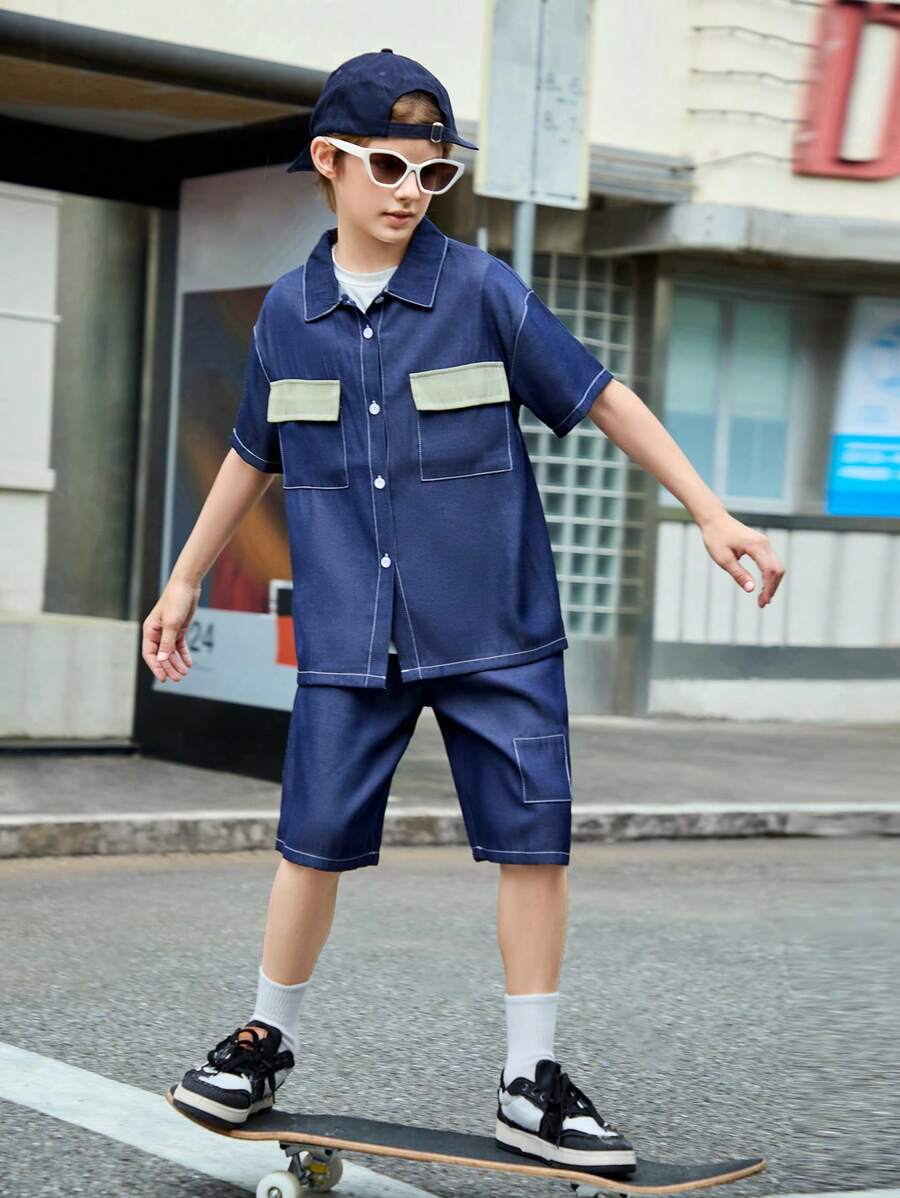 SHEIN Tween Boy's Denim Effect Patch Pocket Shirt And Shorts Casual Set, Summer - Dark Wash - View 1