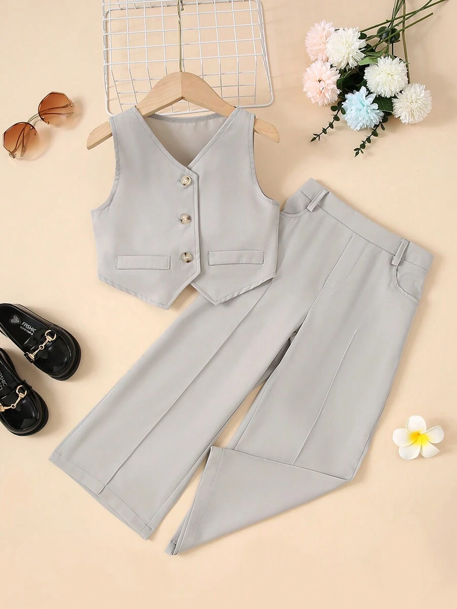 Young Girls Button Front Vest Jacket & Wide Leg Pants For Summer - Grey - View 1
