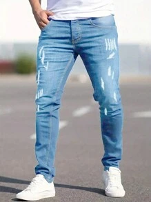 Manfinity Homme Men's Slim Fit Casual Distressed Jeans, Men Jeans, Ripped Jeans Men, Blue Jeans Men, Men Distressed Jeans - Light Wash - View 3