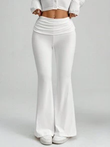 SHEIN PETITE 白色 Y2k 纯色褶皱喇叭裤 喇叭紧身裤 - 白色 - 查看 8