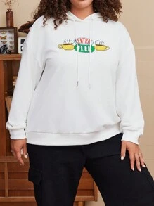 FRIENDS X SHEIN 大码时尚咖啡杯和电影海报印花白色宽松抽绳卫衣，春秋季 - 白色 - 查看 5