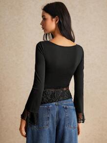 Poéselle Women Clothes, Women's Black Shirts, Women's Fall Clothes Summer Slim Fit Asymmetric Lace Long Sleeve T-Shirt With Hem Splicing And Flutter Design, Halloween Costume Top, All Season Essential, Comfy High Strech Fabric FW24 BOHO