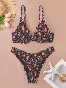 Swim Vcay Set Bikini Wanita Seksi Motif Bunga Kecil untuk Pantai Musim Panas, 2 Potong - MultiWarna - View 3
