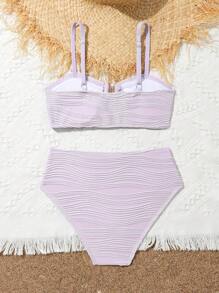Tween Girl Bikini Set, Striped Texture, Simple Top With Spaghetti Strap, Back Cut-Out And Ruched Bottoms - Mauve Purple - View 2