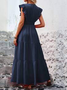 EMERY ROSE Váy xẻ đùi viền bèo nhún cho kỳ nghỉ hè, trang phục đi biển Maxi cho phụ nữ - Màu xanh hải quân - Xem 2