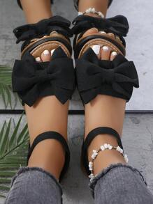 Chaussons plats pour femmes, sandales ouvertes à motif de nœud papillon, chaussures d'été décontractées, chaussons légers